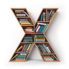 the letter x is made out of bookshelves and has many different types of books