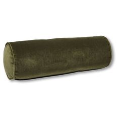 an olive green velvet pillow on a white background, with the top half rolled up