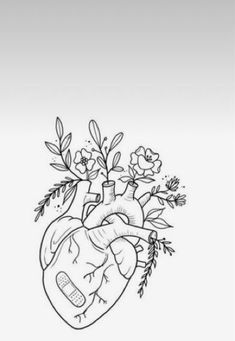 a drawing of a heart with flowers on it