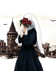 a painting of a nun holding roses in front of a city with birds flying overhead