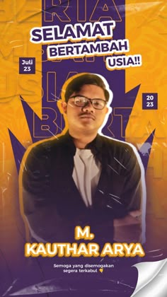 the poster for selamat bertaambah usa is displayed in front of a purple and yellow background