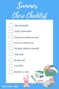 a printable summer checklist for kids with toys and books on the table next to it