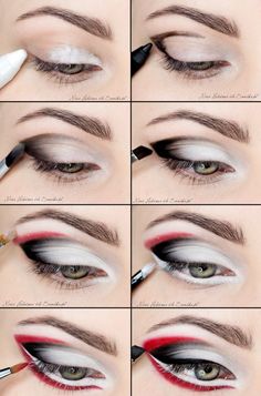 Red And Black Eye Makeup, Colorful Eye Makeup Tutorial, Teknik Makeup, Geisha Makeup, Goddess Makeup, Black Eye Makeup, Eyeliner Tips