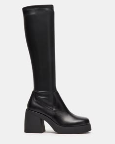 BERKLEIGH BLACK Knee High Sock Boots, Butterfly Heels, Fold Over Boots, Denim Heels, Black High Boots, Steve Madden Boots, Black Knee High Boots, Clothing Outfits, Platform Block Heels