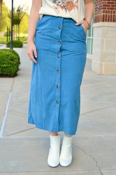 Blue corduroy button down midi skirt with front pockets Sizes S, M and L Fabric: 100% polyester How To Feel Beautiful, Button Downs, Midi Skirt, Blue, Fabric