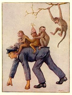 an illustration of monkeys on the back of a man's head, with another monkey sitting on top of him