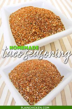 homemade taco seasoning in white bowls on a striped tablecloth with text overlay that reads homemade taco seasoning