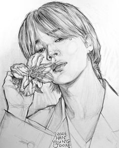 a pencil drawing of a person holding a flower in their hand and talking on the phone