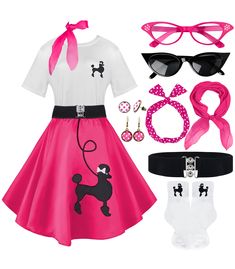 PRICES MAY VARY. Package Included 10Pcs - 1 x poodle skirt, 1 x poodle T-shirt, 1 x poodle socks, 1 x chiffon scarf, 1 x headband, 2 x plastic eyeglasses, 1 x belt, 2 x earrings, this 50s poodle skirt and Tshirt set comes with full the accessories you can easily mix and match to create a variety of stylish and nostalgic looks, transport you back to that vibrant and charming era in an instant! Unique Design Of The 1950s Outfits-This 1950s retro outfit set features a classic poodle design, a hallm Sock Hop Outfits, Skirt And Tshirt, 50s Accessories, 1950s Poodle Skirt, 50s Sock Hop, Decades Party, Poodle Skirts, Retro Outfit, Sock Hop