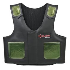 a black and green leather vest with two pockets on the front, and one pocket in the back