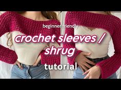 two women wearing sweaters and jeans with the words crochet sleeves / shrug