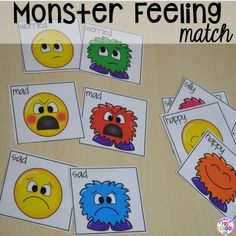 monster feelings matching cards with the words monster feeling match in front of them on a table