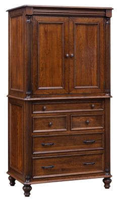 an armoire with two drawers and one door on the top, in dark wood