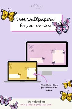 a purple background with butterflies on it and the words free wallpapers for your desktop