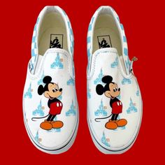 Nwt Vans X Walt Disney World 50th Anniversary Mickey Slip-On Women 7.5 Men 6 Womens 7.5 New With Box - Limited Edition Disney X Vans Classic Slip-On Shoes Featuring Mickey Mouse Against A Backdrop Of The Castle, Part Of The Walt Disney World 50th Anniversary Collection. The Shoes Showcase A Playful Design With Blue And White Checkerboard Accents. They Come In A Special Edition Gold-Colored Box With Disney And Vans Branding, Disney Vans Slip-On, Mickey Mouse Vans Shoes, Disney X Vans Collection, Mickey Mouse Vans, Vans Collection, Disney Anniversary, Vans Disney, Shoes Disney, Walt Disney World 50th Anniversary, Disney World 50th Anniversary, Disney Adult, Disney Vans