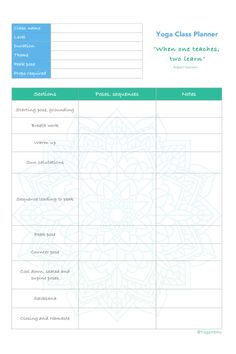 the yoga class planner is shown in blue and green colors, with an image of a flower