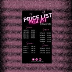 the price list for an event is displayed on a black background with pink and purple glitter