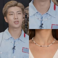 two pictures of the same person wearing a necklace