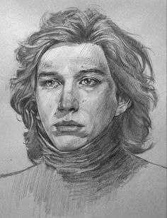 a pencil drawing of a man with long hair and a scarf around his neck, looking straight ahead