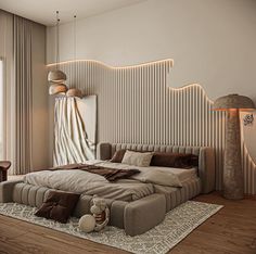 a large bed sitting on top of a wooden floor next to a window covered in curtains