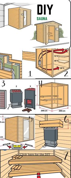 the instructions for how to build an outdoor sauna with pictures on it and text below