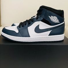 Air Jordan 1 Armory Navy Us Mens Size 10.5 Brand New! Navy Blue Air Jordan 1, Navy Leather High-top Basketball Shoes, Dark Blue Jordans, Jordan 1 Navy Blue, Jordan 1 Armory Navy, Blue Jordans Outfit, Cool Shoes For Girls, Dark Blue Shoes, Cute Jordans