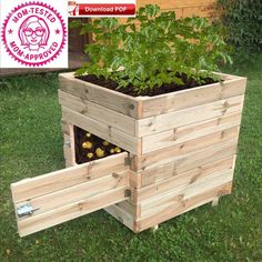 a wooden planter with plants growing out of it