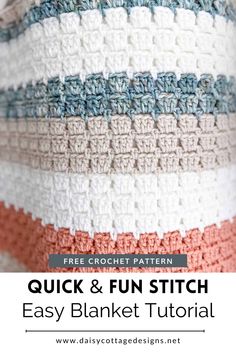 a crocheted blanket with the text, quick and fun stitch easy blanket