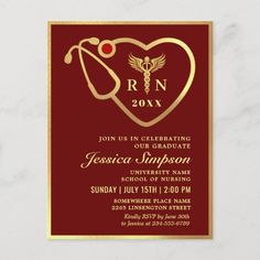 a red and gold nurse graduation party card with a heart, stethoscope