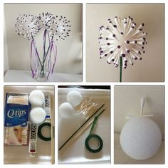 four different pictures of flowers in vases, scissors and other crafting supplies on a table