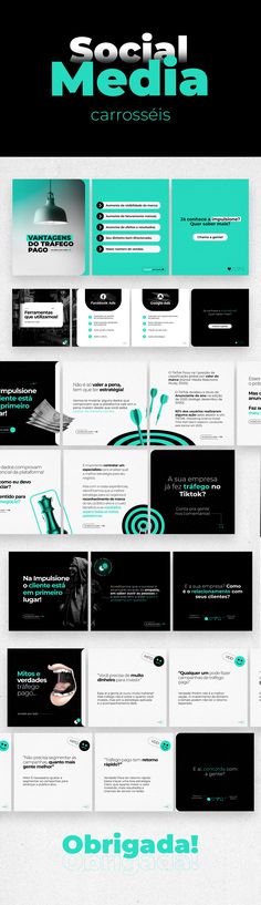 a bunch of different types of web pages with green and black designs on them, all stacked together