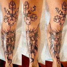 three pictures of tattoos on the legs of people with horns and arrows in their hands