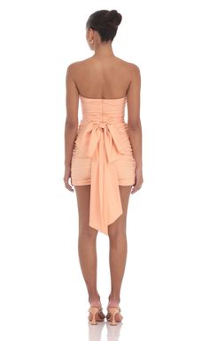 Attachable Bow Strapless Dress in Orange | LUCY IN THE SKY Orange Hoco Dress, Orange Homecoming Dresses, Cute Formal Dresses, Cute Homecoming Dresses, Lucy In The Sky, Sorority Outfits, Hoco Dresses, Night Outfits, Dance Dresses