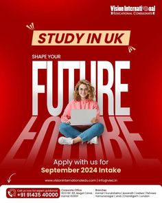 a woman sitting on the floor with a laptop computer in her lap and text that reads study in uk shape your future