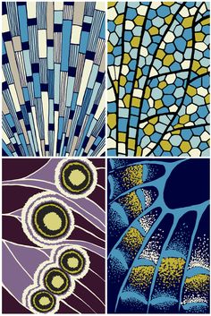 four different patterns in blue, yellow and purple