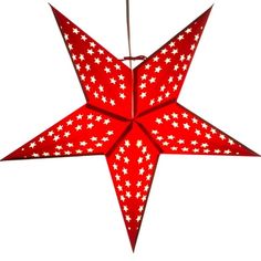 a red and white paper star ornament hanging from a string on a white background