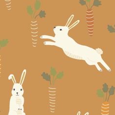 an image of rabbits and carrots on a brown background that is very similar to the rabbit pattern