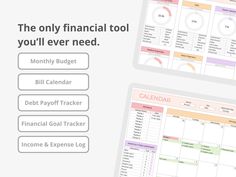 two screens showing the financial tool you'll ever need, and an image of a calendar