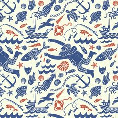 a blue and red wallpaper with fish, anchors, ships and other things on it