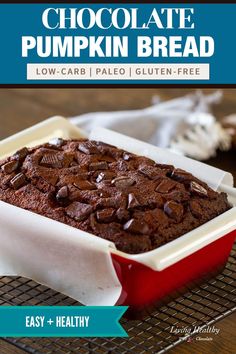 chocolate pumpkin bread in a red and white dish on a cooling rack with text overlay