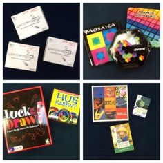 several different pictures of various items on a blue tablecloth with white writing that says luck draw