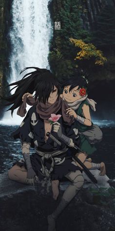 two anime characters standing in front of a waterfall and holding onto each other's shoulders