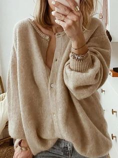 Khaki Casual Tops Round Neck Long Sleeve Solid Sweater Designer Cardigan, Long Sleeve Knitted Cardigan, Solid Sweaters, Winter Cardigan, Estilo Chic, Fashion Pattern, Sleeves (women), Outfit Casual, Casual Look