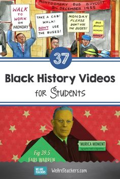 the front cover of a book with an image of a man holding up signs that say black history videos for students