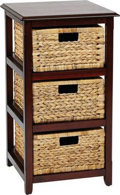 three wicker baskets are stacked on top of each other in this wooden storage unit