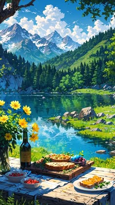 a painting of a picnic table with food and wine on it, overlooking a mountain lake