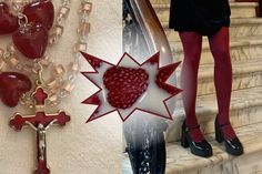 a woman in black dress standing next to a cross and heart shaped necklace on stairs