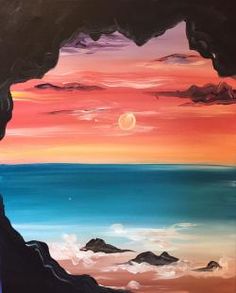 an oil painting of a sunset over the ocean with rocks and mountains in the foreground