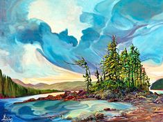 an oil painting of trees on the shore of a body of water with clouds in the background