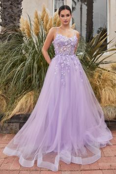 Scoop Neckline Long Sleeveless A-Line Dress with Floral Applique Open Lace-Up Back Modern Vintage Dress, Andrea And Leo, Boho Prom Dress, Boho Prom, Vintage Attire, Violet Pastel, A Line Evening Dress, Layered Tulle Skirt, Prom Ball Gown